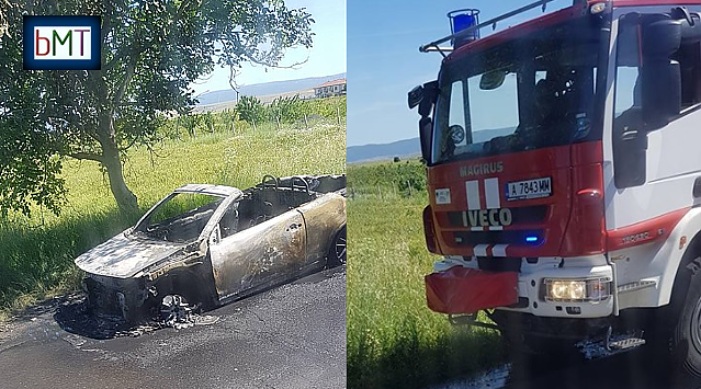 Зрелищно! Автомобил избухна в пламъци в движение на пътя Каблешково – Ахелой (СНИМКИ)