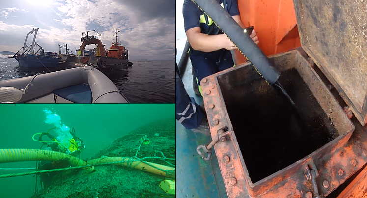 Вижте как източиха първите 10 кубика нефтоводна смес от потъналия край Созопол \