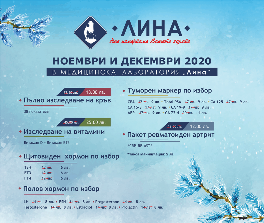 Ноември и декември в „ЛИНА”: Изследване с 38 показателя, пакет ревматоиден артрит, туморни маркери и витамини