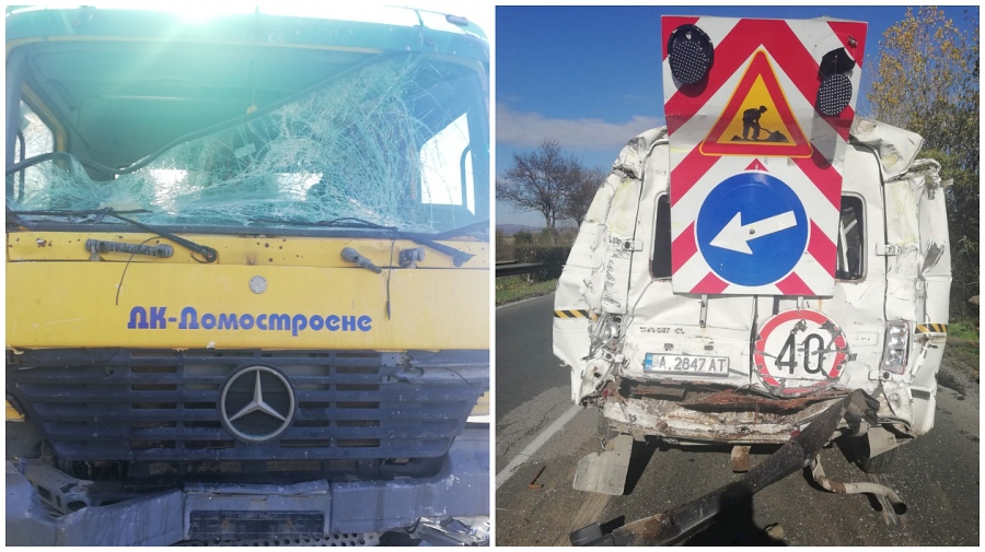 Бетоновоз се вряза в строителни автомобили на пътя Бургас-Сарафово, има пострадал (СНИМКИ)